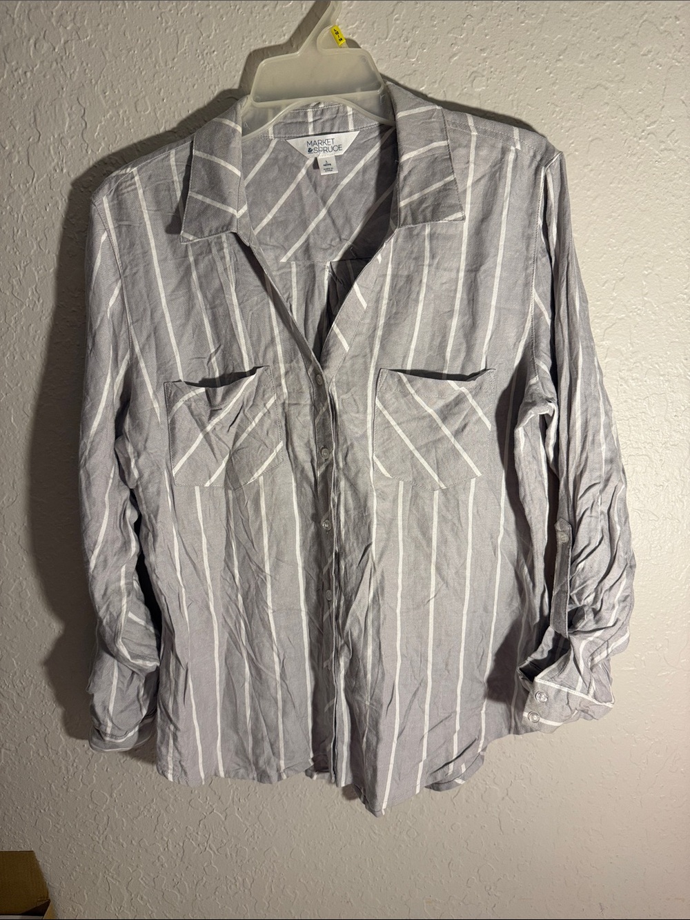 Market & Spruce Gray and White Vertical Stripe Button-Down Top